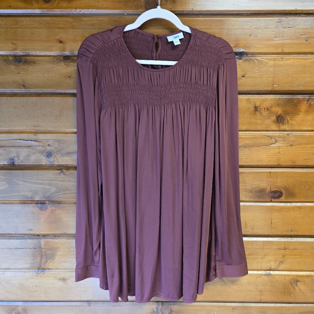 J. Jill Smocked Long Sleeve Peasant Tunic Pleated Brown/Burgundy STAIN Size S